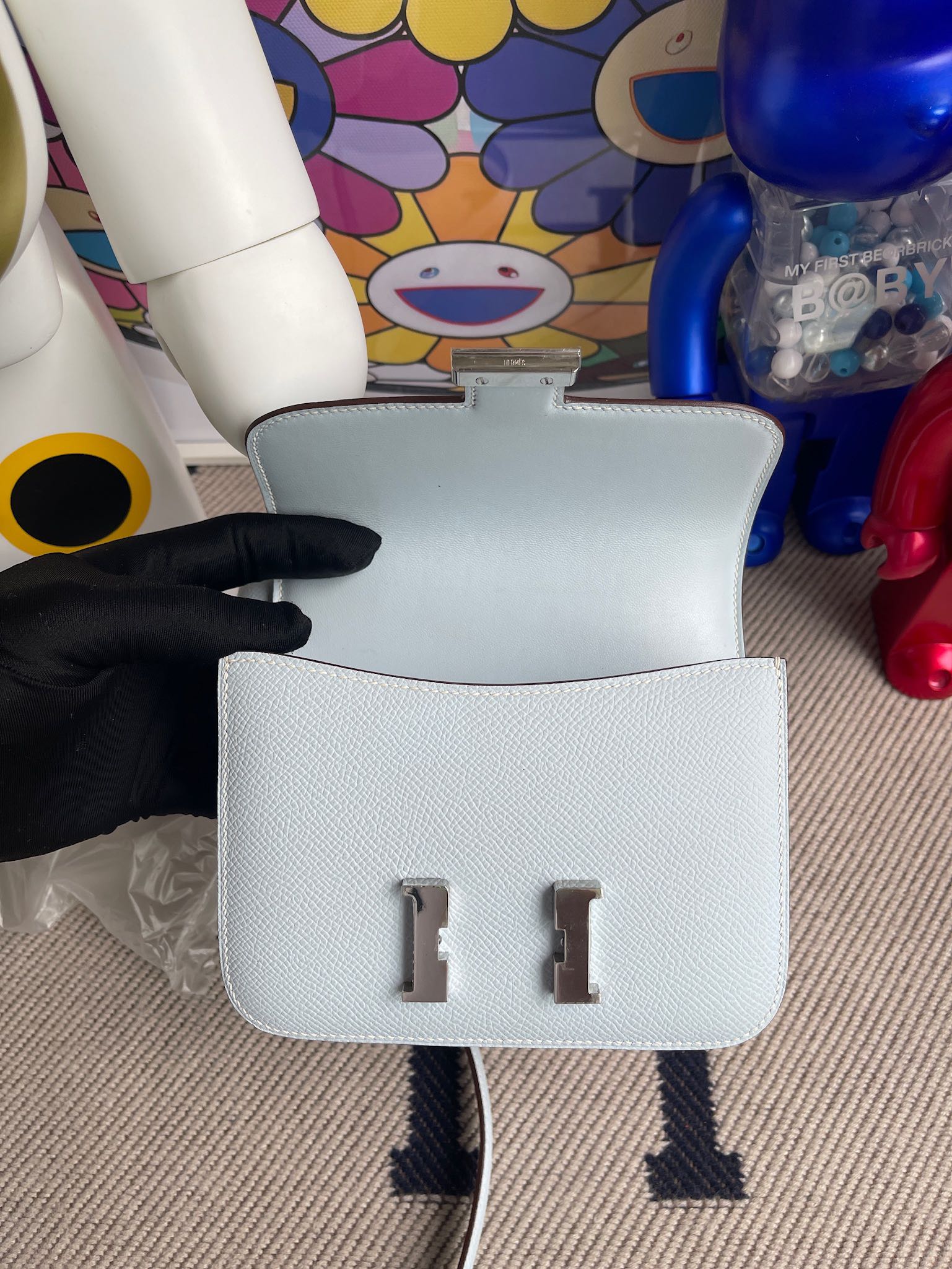 에르메스 콘스탄스백 미니 포그블루 은장 앱송